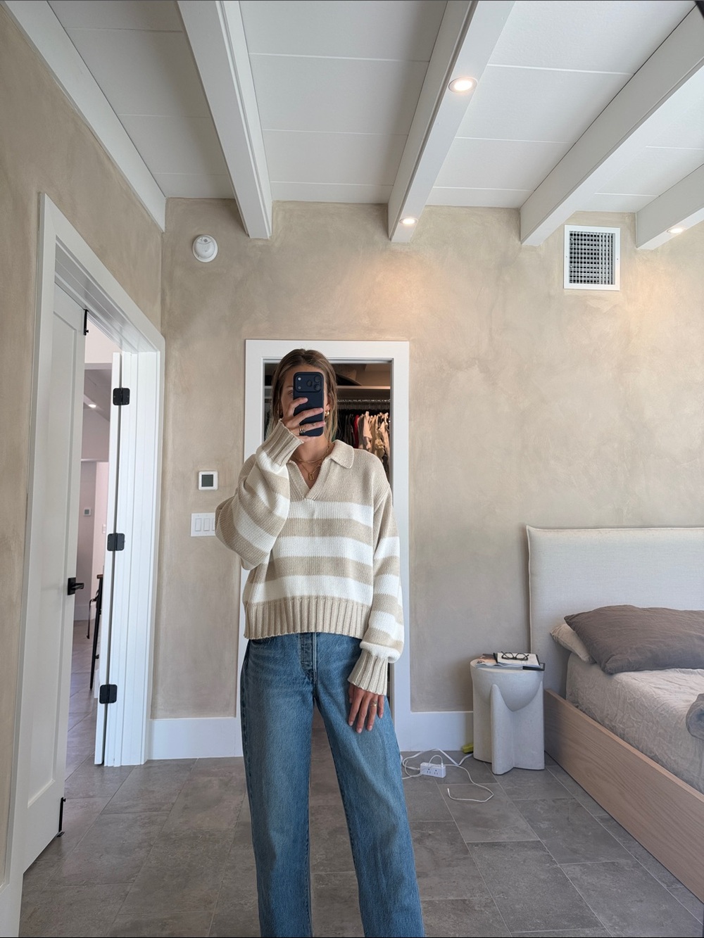 Quince Striped V-Neck Knit Sweater in Cream and White - Picture 3 of 4